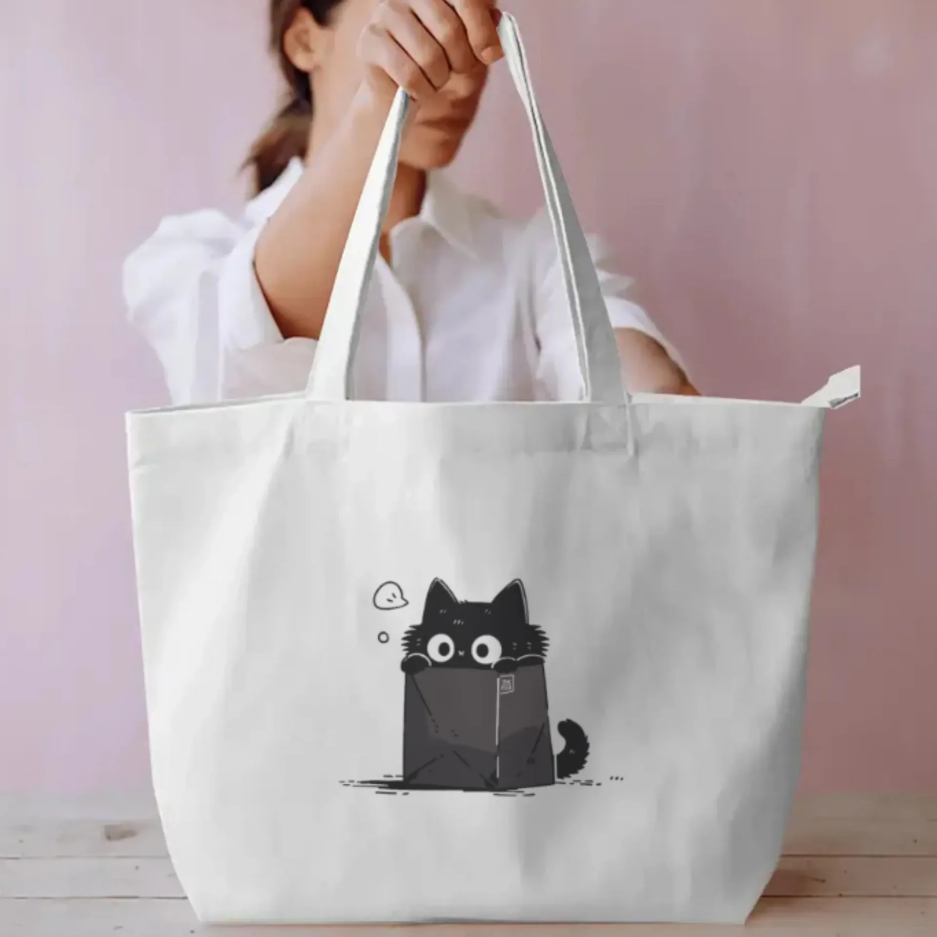 Shy Cat Pocket Tote Bag