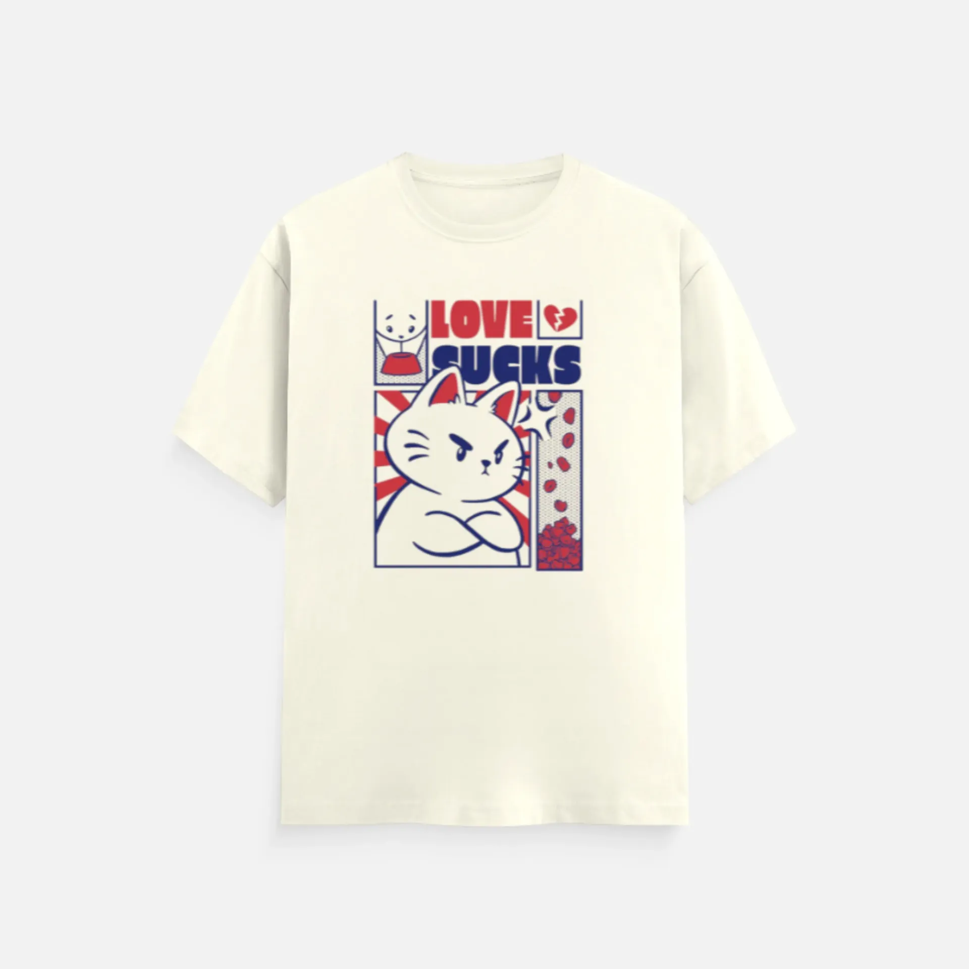 “Love Sucks” Angry Cat Graphic Unisex Cotton T-Shirt – Cute Attitude Streetwear Tee